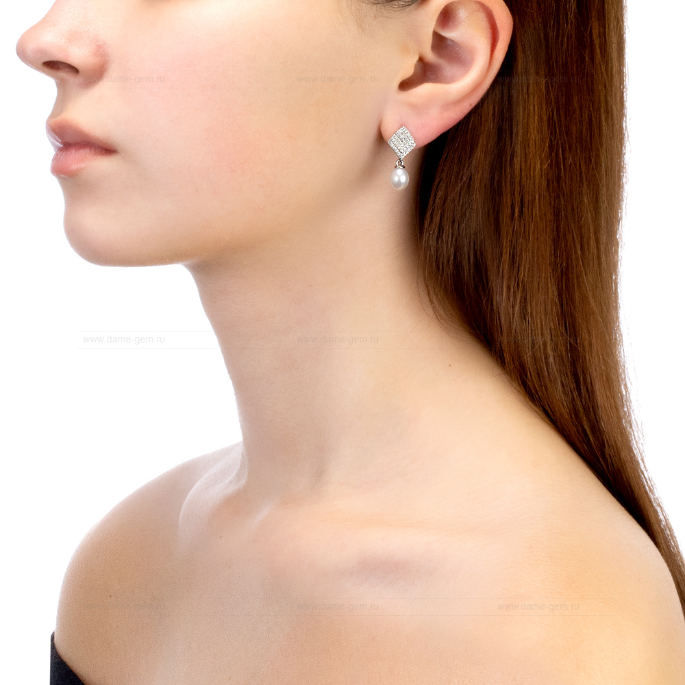 Серьги из серебра с белыми жемчужинами 7,5-8 мм. Артикул 12202