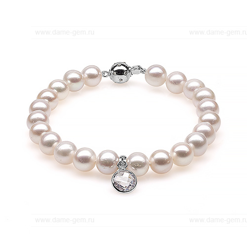 Браслет из белого жемчуга 7,5-8,5 мм с подвеской из серебра. Качество жемчуга наивысшее ААА. Артикул 10295