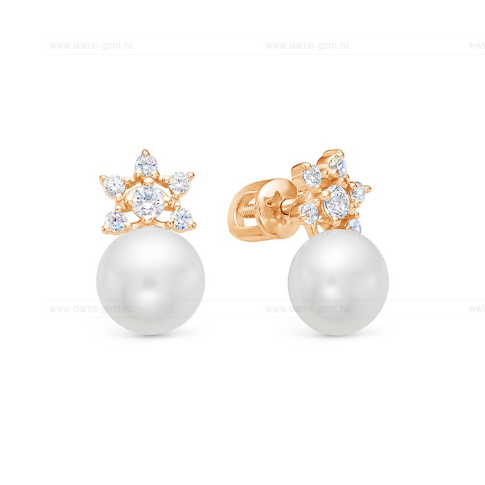 Серьги из красного золота с белыми жемчужинами 7-7,5 мм. Артикул 12853