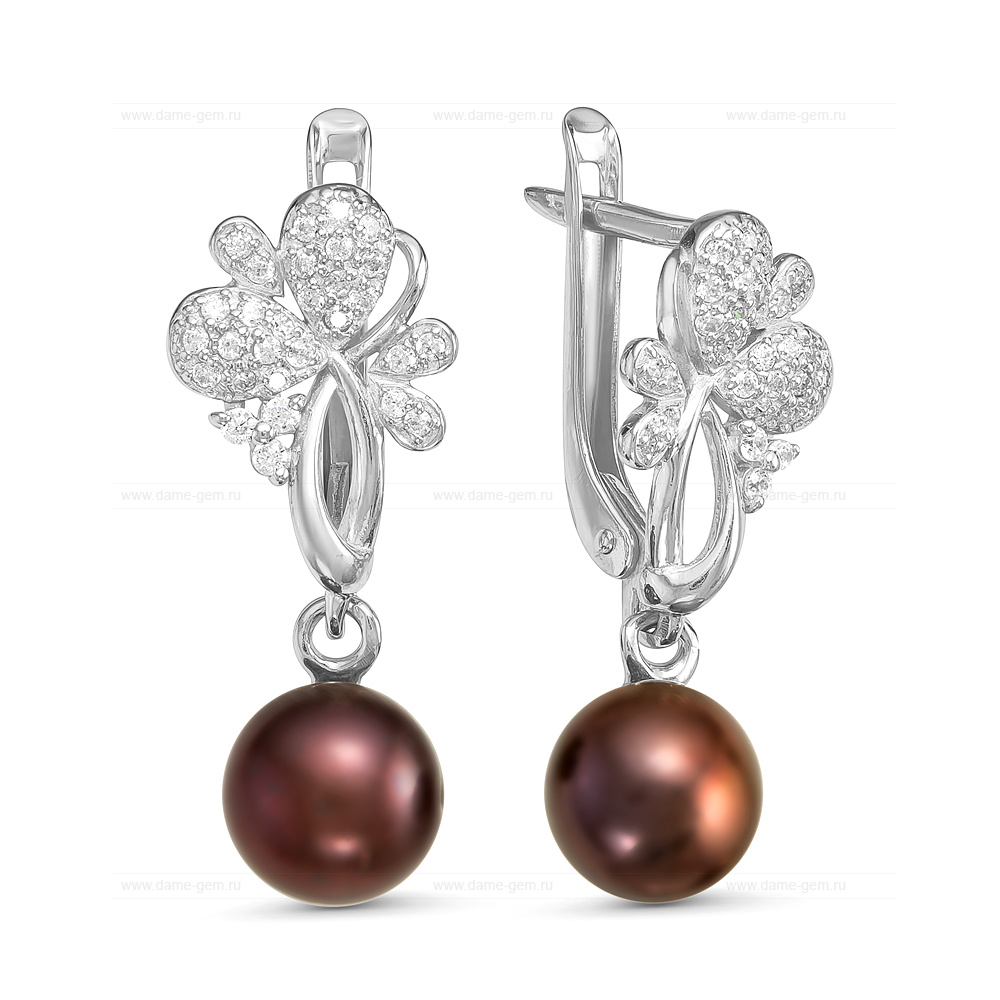 Серьги из серебра с черными жемчужинами 7,5-8 мм. Артикул 11080