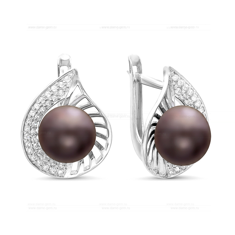 Серьги из серебра с черными жемчужинами 8,5-9 мм. Артикул 11336