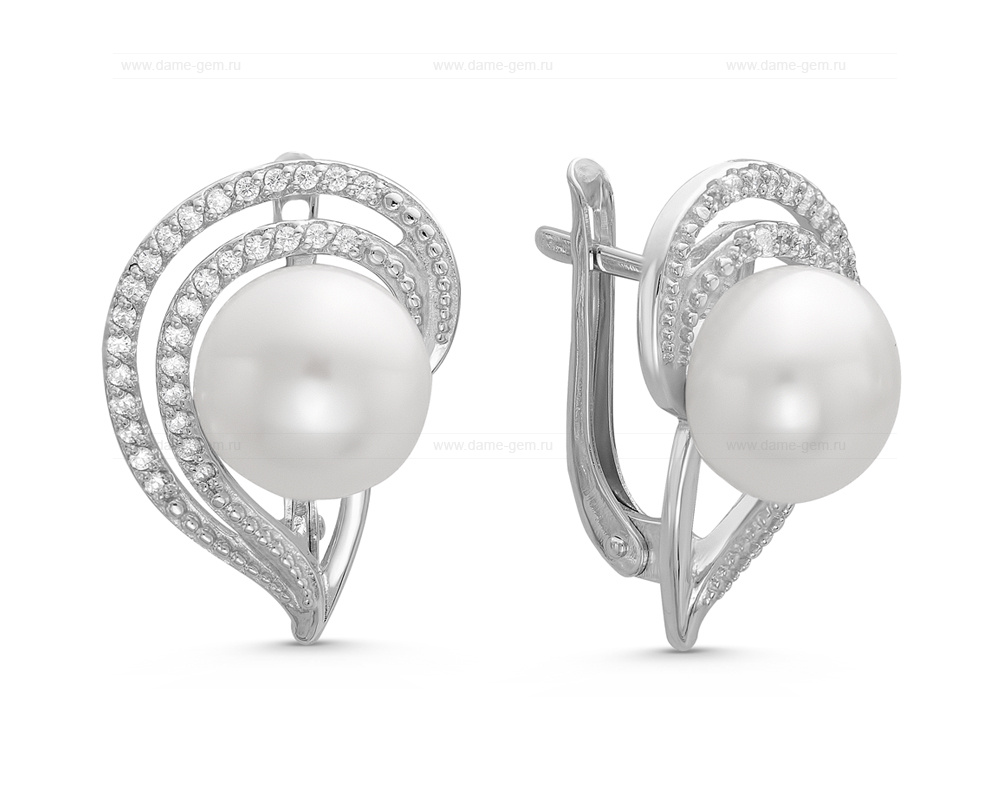 Серьги из серебра с белыми жемчужинами 9,5-10 мм. Артикул 11269