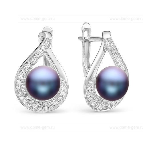 Серьги из серебра с черными жемчужинами 8,5-9 мм. Артикул 10216