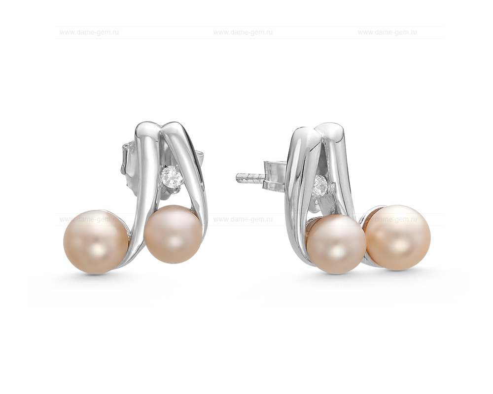 Серьги из серебра с розовыми жемчужинами 4-5 мм. Артикул 11239