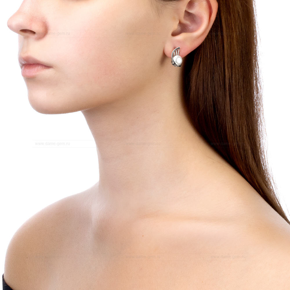 Серьги из серебра с белыми жемчужинами 8-8,5 мм. Артикул 12421