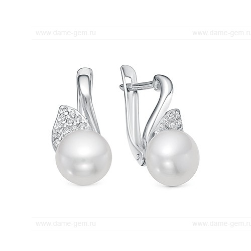 Серьги из серебра с белыми жемчужинами 8-8,5 мм. Артикул 12398