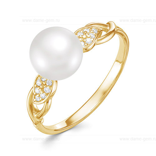 Кольцо из желтого золота 585 пробы с белой жемчужиной 9,5-10 мм. Артикул 12593