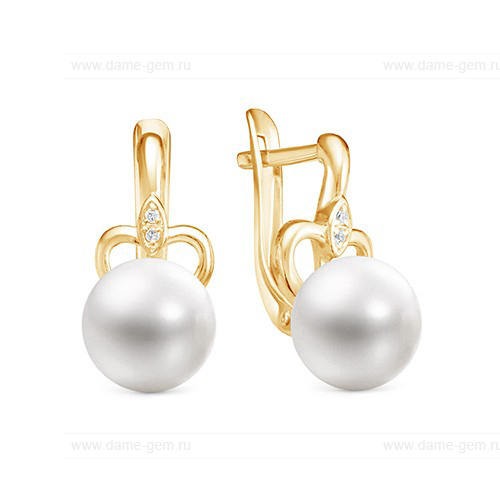 Серьги из желтого золота с белыми жемчужинами 8,5-9 мм. Артикул 9512