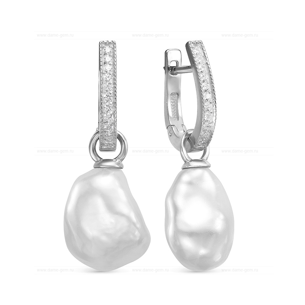 Серьги из серебра с белыми жемчужинами "барокко" 11-13 мм. Артикул 12441