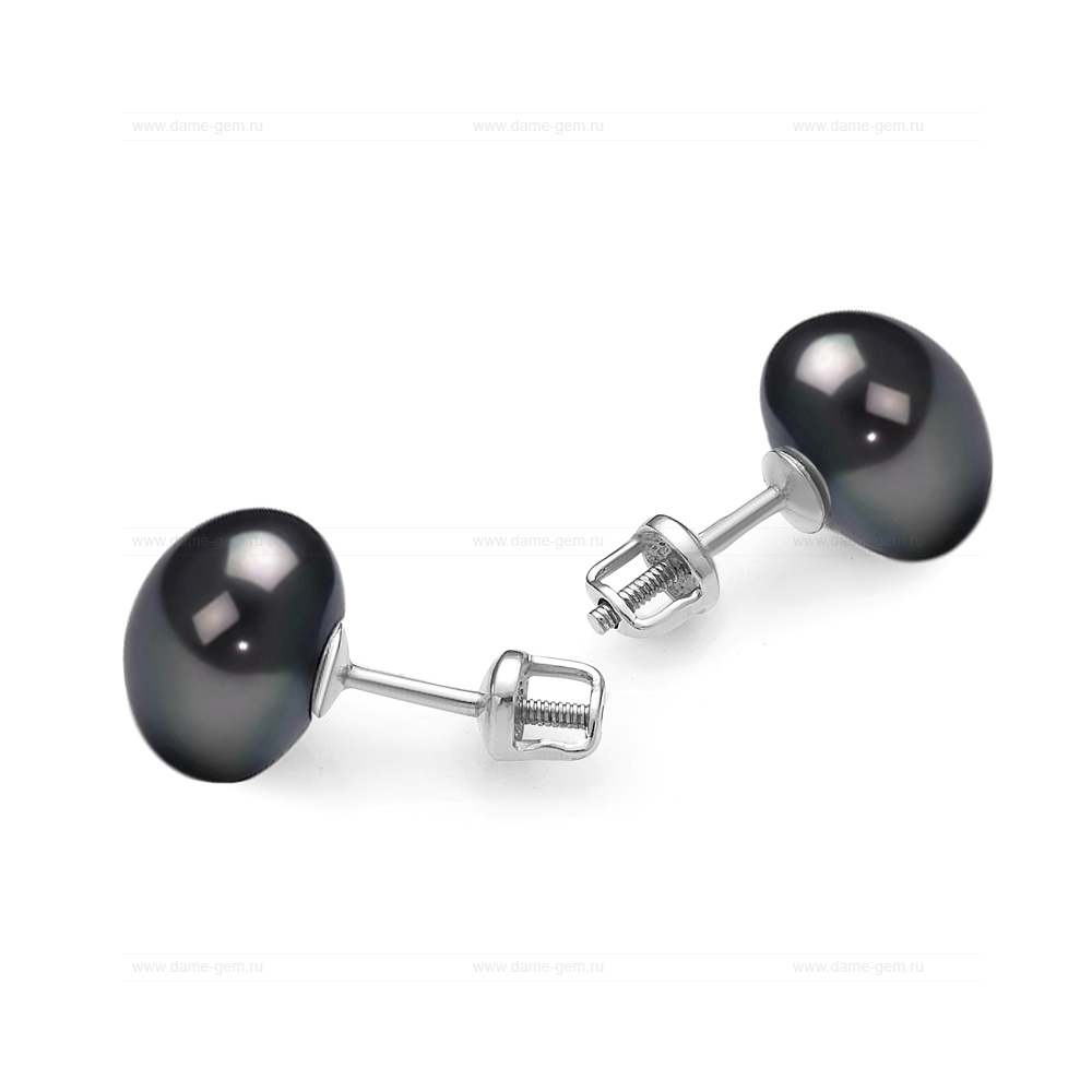 Пусеты из серебра с черными жемчужинами 8,5-9 мм. Артикул 11768 Пусеты из серебра с черными жемчужинами 8,5-9 мм. Артикул 11768