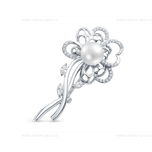 Брошь из серебра с белой жемчужиной 8,5-9 мм. Артикул 10025