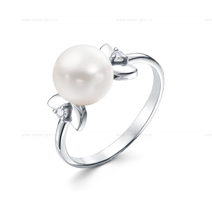 Кольцо из серебра 925 пробы с белой речной жемчужиной 8,5-9 мм. Артикул 9450