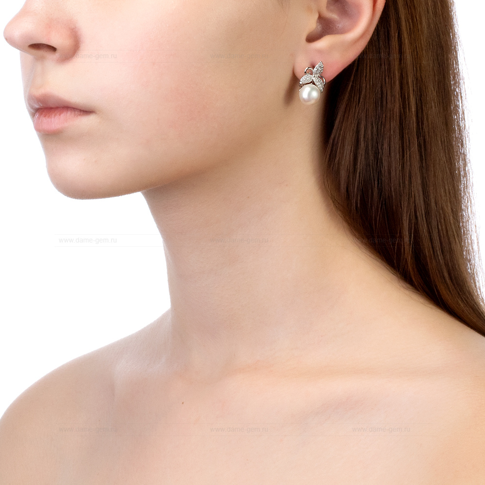 Серьги из серебра с белыми жемчужинами 9,5-10 мм. Артикул 10399