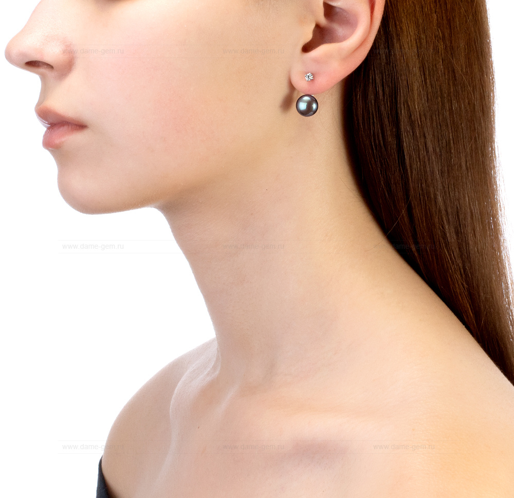 Двойные пусеты "Dior" из серебра с черными жемчужинами 9,5-10 мм. Артикул 10777 Двойные пусеты "Dior" из серебра с черными жемчужинами 9,5-10 мм. Артикул 10777