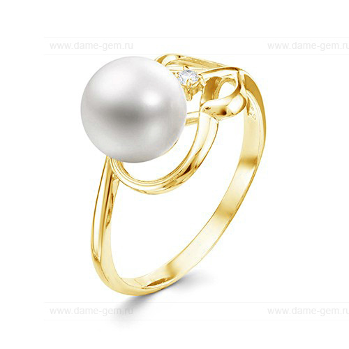 Кольцо из желтого золота 585 пробы с белой жемчужиной 7,5-8 мм. Артикул 12359