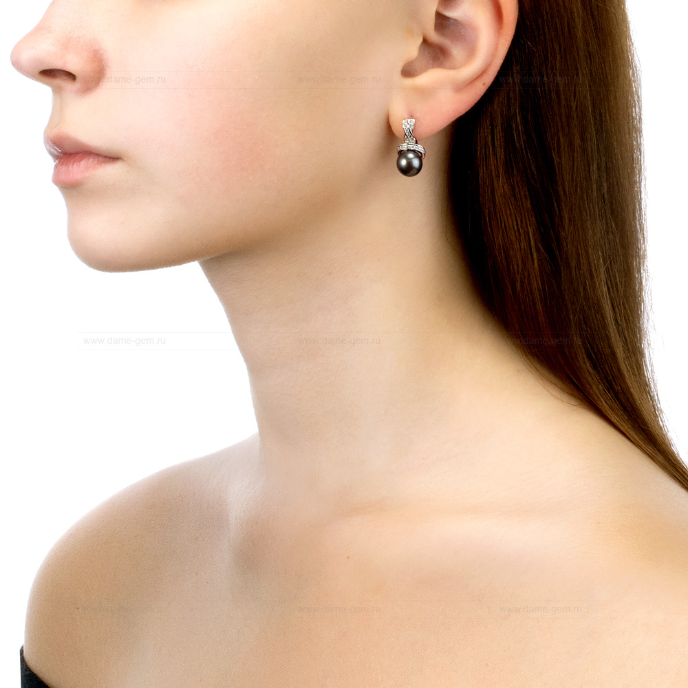 Серьги из серебра с черными жемчужинами 8,5-9 мм. Артикул 10998