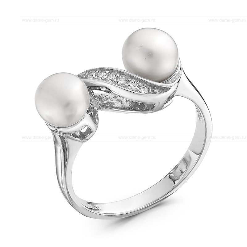 Кольцо из серебра 925 пробы с белыми жемчужинами 6,5-7 мм. Артикул 10376