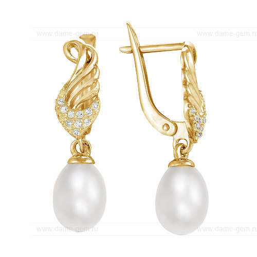 Серьги из желтого золота с белыми жемчужинами 9-10 мм. Артикул 10584