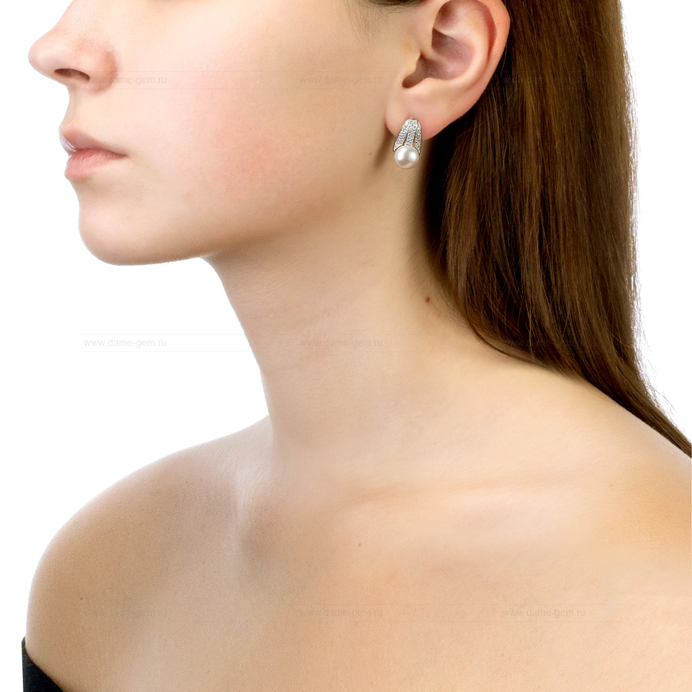 Серьги из серебра с белыми жемчужинами 8-8,5 мм. Артикул 11365