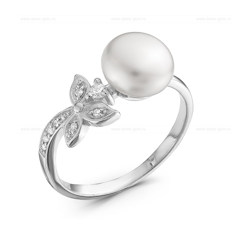Кольцо из серебра 925 пробы с белой жемчужиной 8,5-9 мм. Артикул 10366