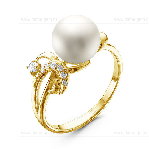 Кольцо из желтого золота 585 пробы с белой жемчужиной 8,5-9 мм. Артикул 12595