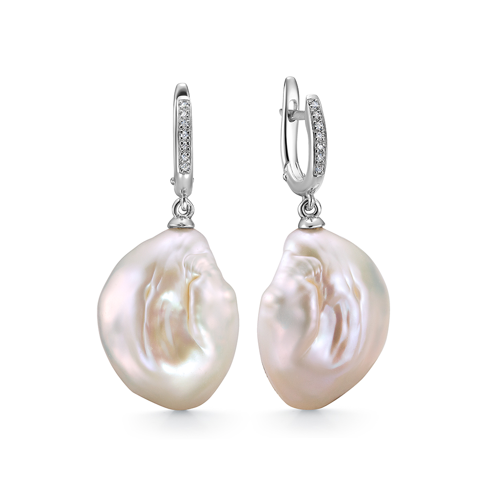 Серьги из серебра 925 пробы с белыми барочными жемчужинами 18-22 мм. Артикул 10502
