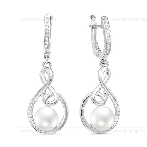 Серьги из серебра с белыми жемчужинами 8-8,5 мм. Артикул 10773