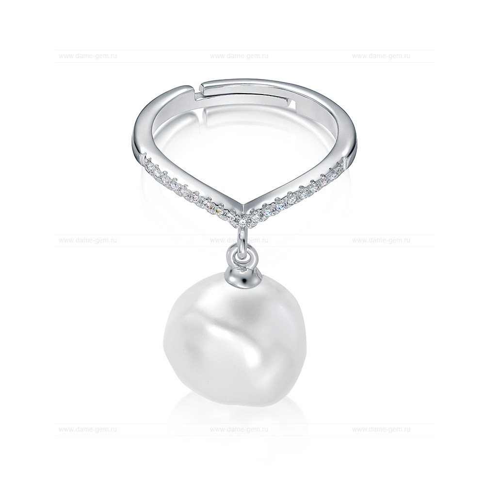 Кольцо из серебра 925 пробы с белой барочной жемчужиной 13 мм. Артикул 11118
