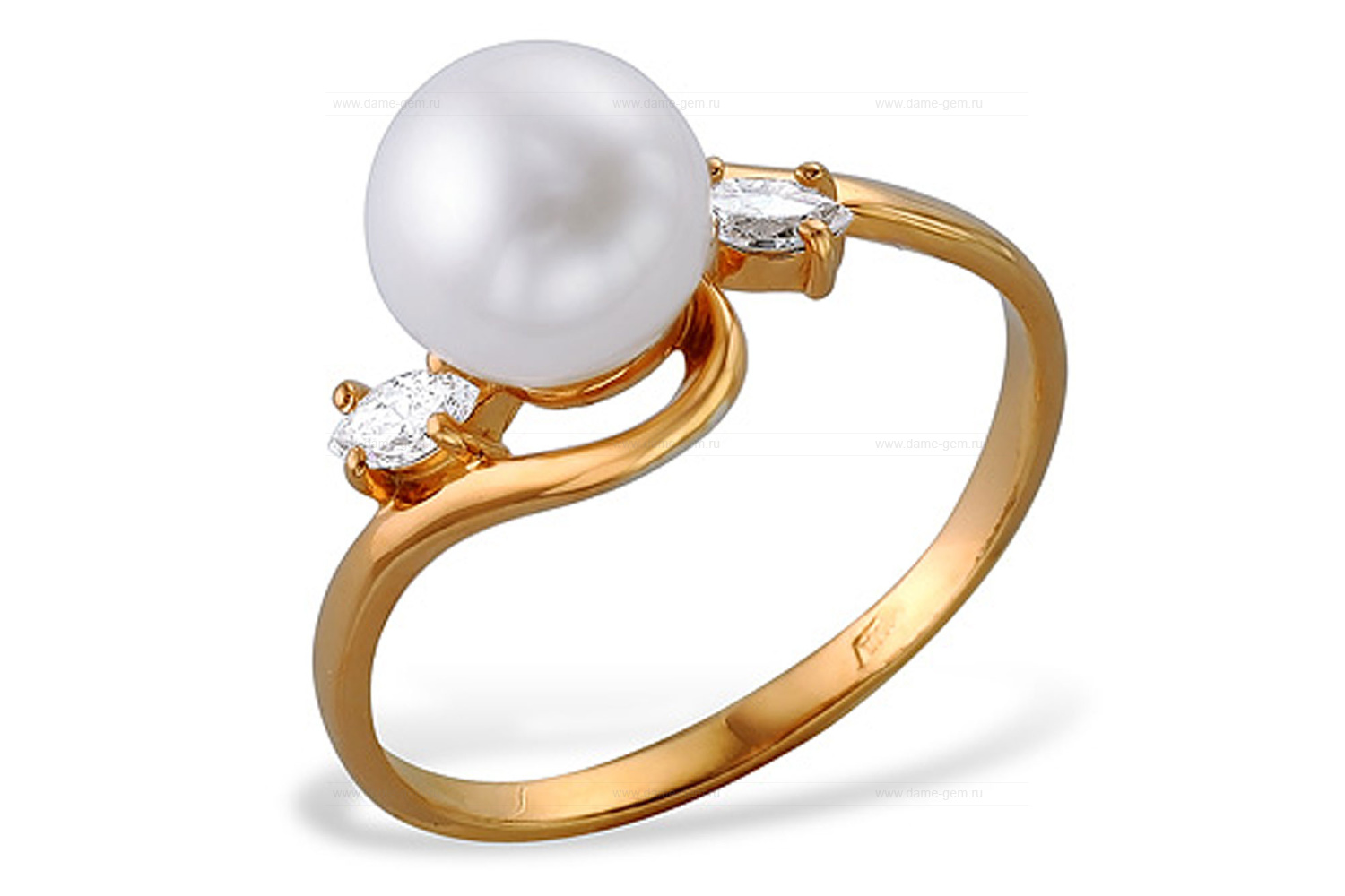 Кольцо из красного золота 585 пробы с белой жемчужиной 8-8,5 мм. Артикул 9545
