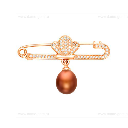 Брошь из серебра с шоколадной жемчужиной "капля" 8,5-9 мм. Артикул 12543