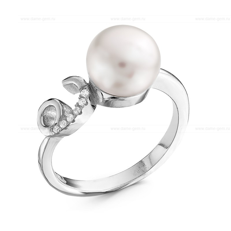 Кольцо из серебра 925 пробы с белой речной жемчужиной 9,5 мм. Артикул 10380