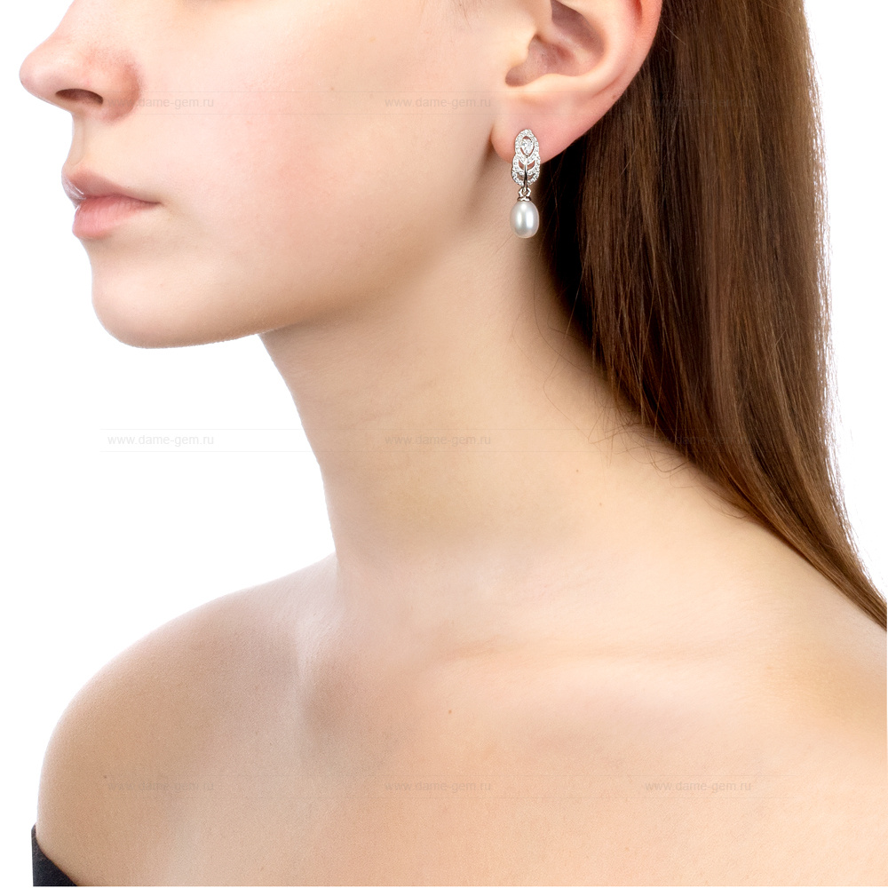 Серьги из серебра с белыми жемчужинами 7,5-8 мм. Артикул 12410