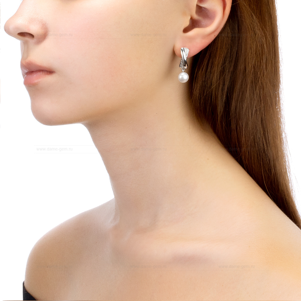Серьги из серебра с белыми жемчужинами 8,5-9 мм. Артикул 12115