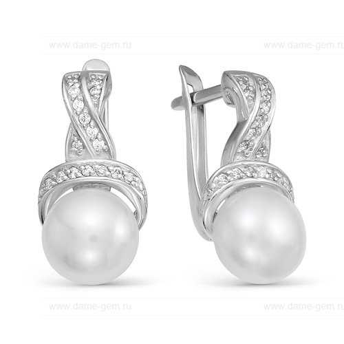 Серьги из белого золота с белыми жемчужинами 9,5-10 мм. Артикул 9301