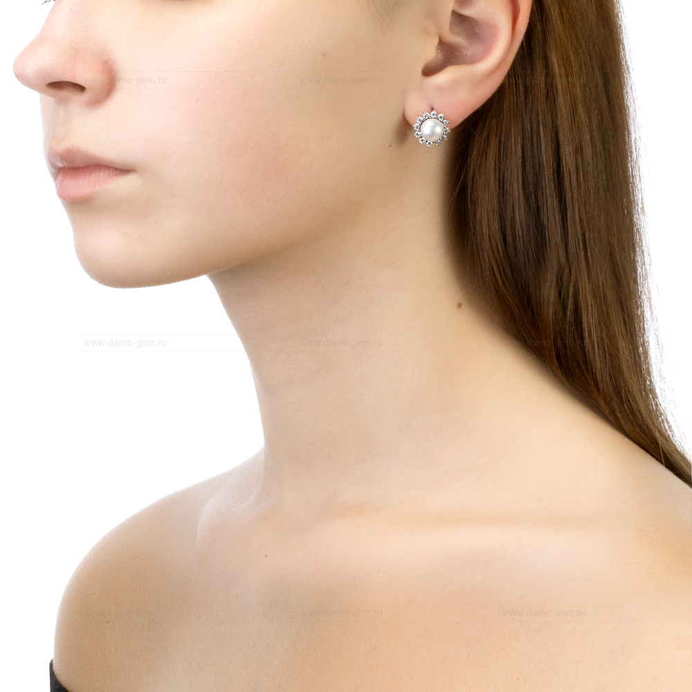 Серьги из серебра с белыми жемчужинами 7,5-8 мм. Артикул 11580