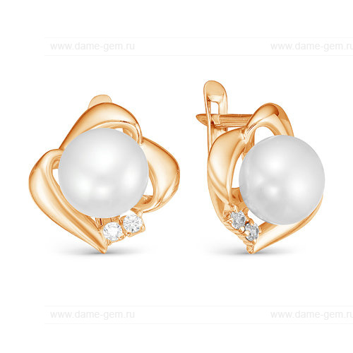 Серьги из красного золота с белыми жемчужинами 7,5-8 мм. Артикул 12780