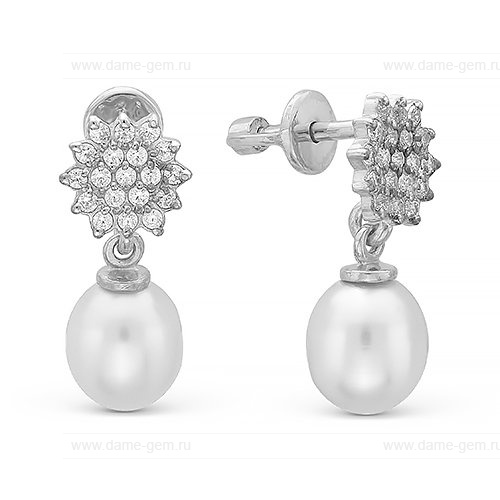 Серьги из серебра с белыми жемчужинами 9-9,5 мм. Артикул 10818