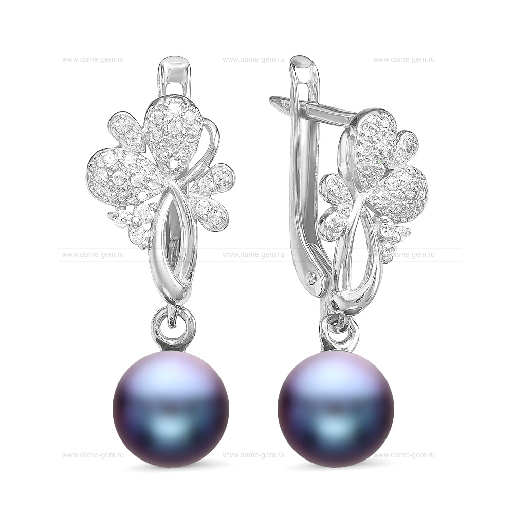 Серьги из серебра с черными жемчужинами 7,5-8 мм. Артикул 11080