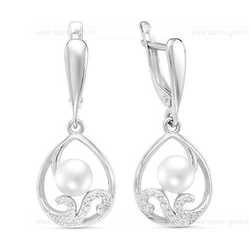 Серьги из серебра с белыми жемчужинами 7 мм. Артикул 10204