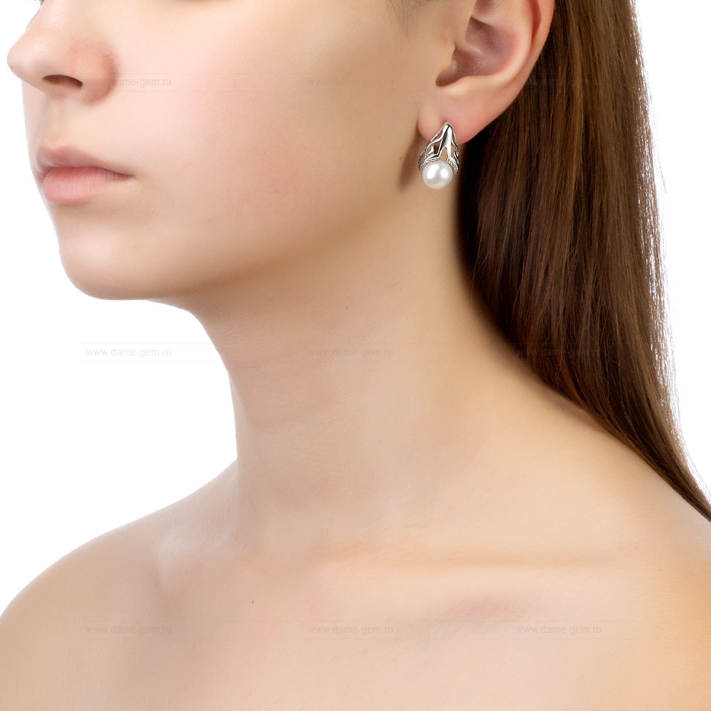 Серьги из серебра с белыми жемчужинами 9,5-10 мм. Артикул 10200