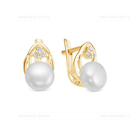 Серьги из желтого золота с белыми жемчужинами 7,5-8 мм. Артикул 9694