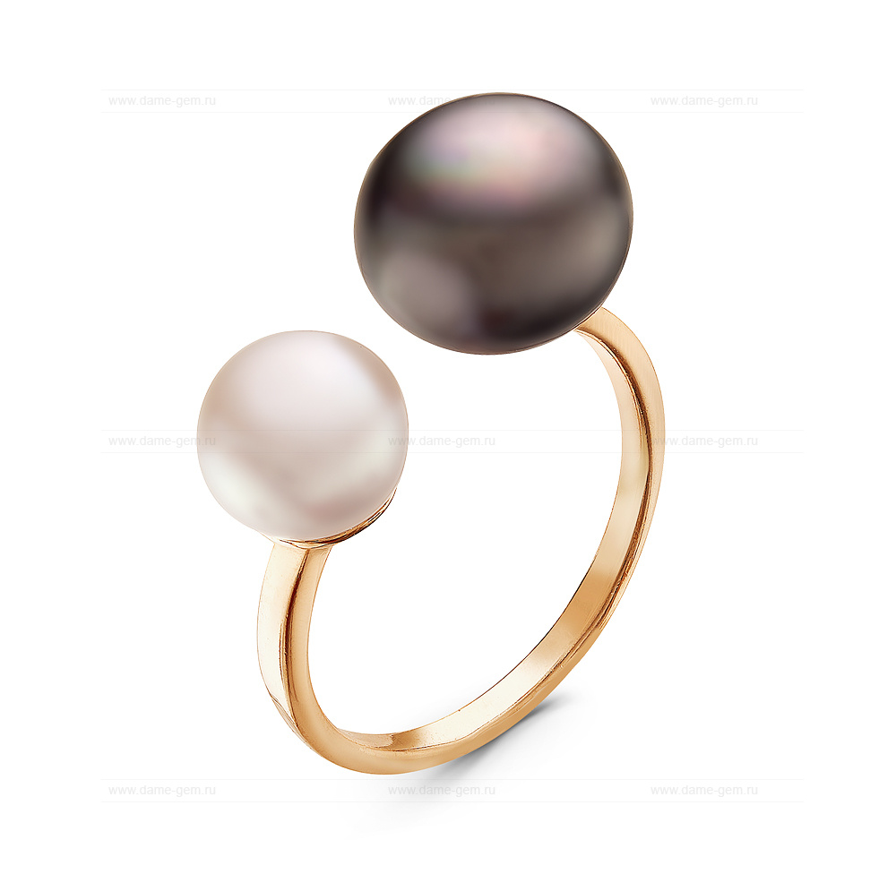 Двойное кольцо "Dior" из серебра 925 пробы с белой и черной жемчужинами 7-10 мм. Артикул 10898