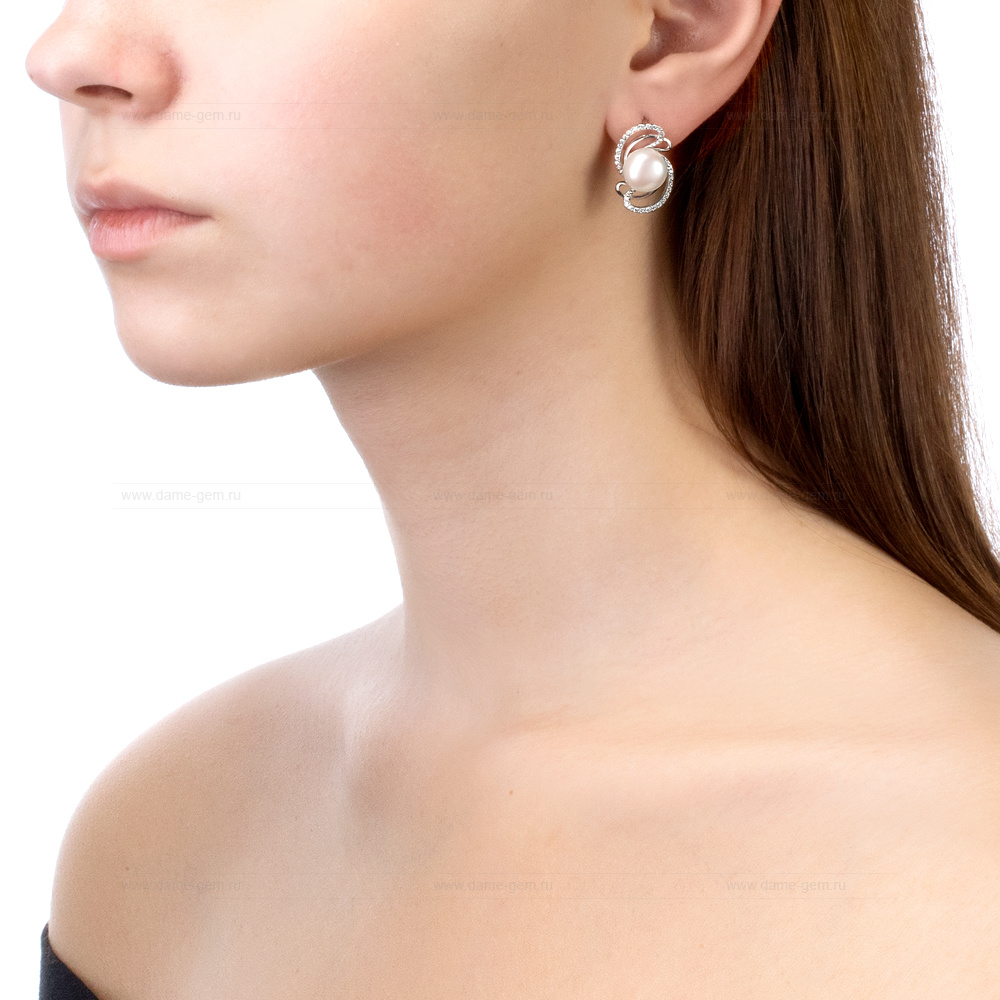Серьги из серебра с белыми жемчужинами 9,5-10 мм. Артикул 10199