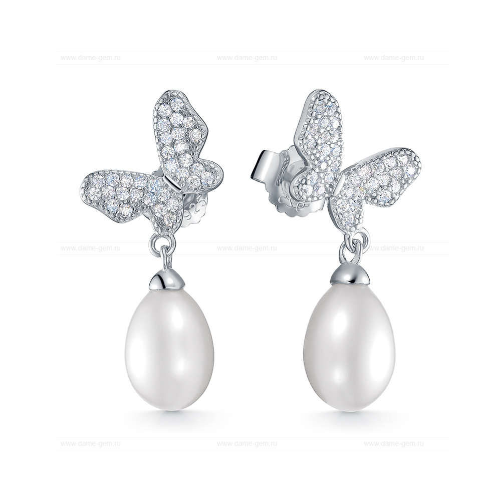 Серьги из серебра с белыми жемчужинами 7,5-8 мм. Артикул 10396