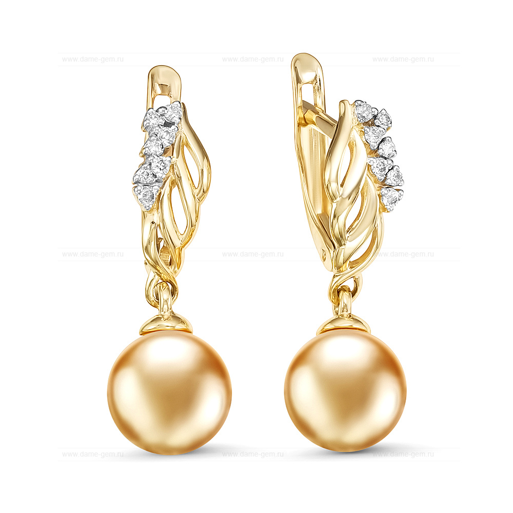 Серьги из золота с золотистыми жемчужинами Акойя 8-8,5 мм. Артикул 12190