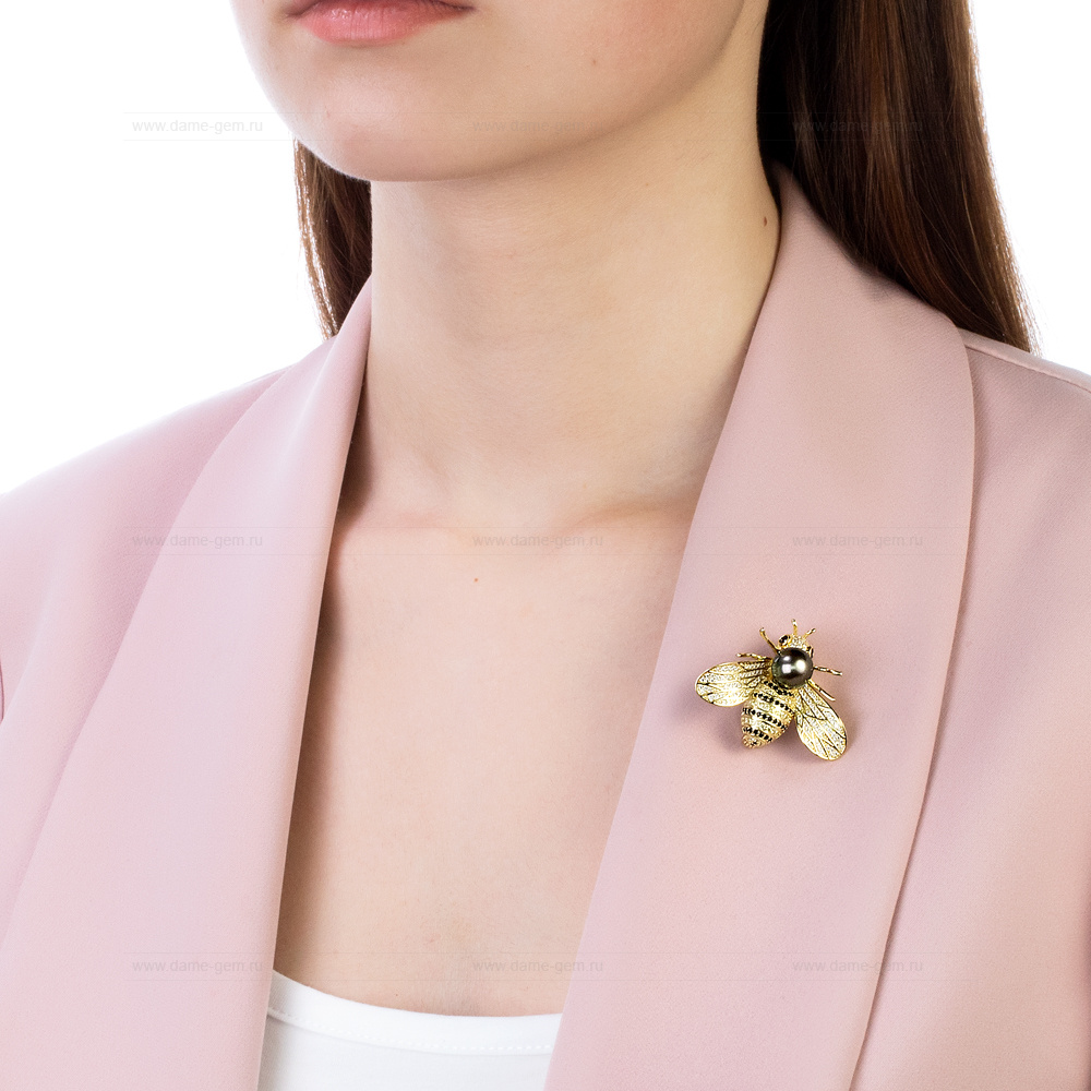 Брошь-кулон из сплава с черной морской жемчужиной 9,5-10 мм. Артикул 12093