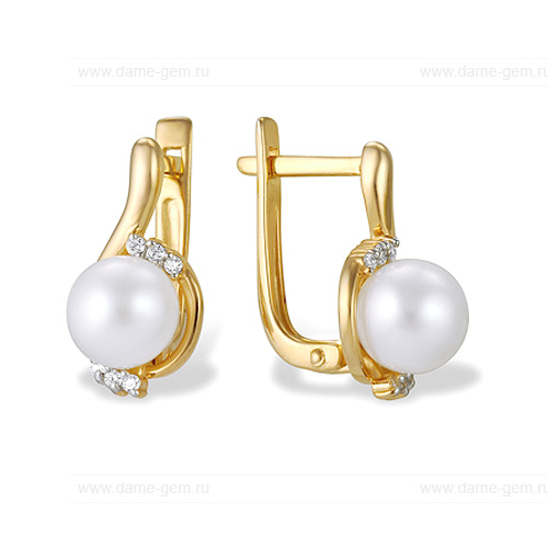 Серьги из желтого золота с белыми жемчужинами 7,5-8 мм. Артикул 9141