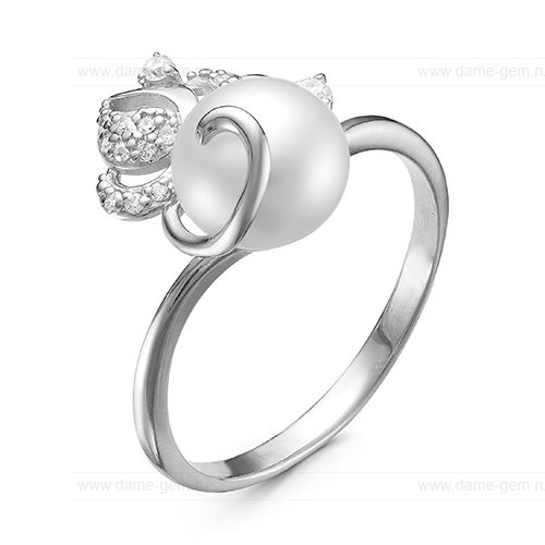 Кольцо из белого золота 585 пробы с белой жемчужиной 7,5-8 мм. Артикул 12792