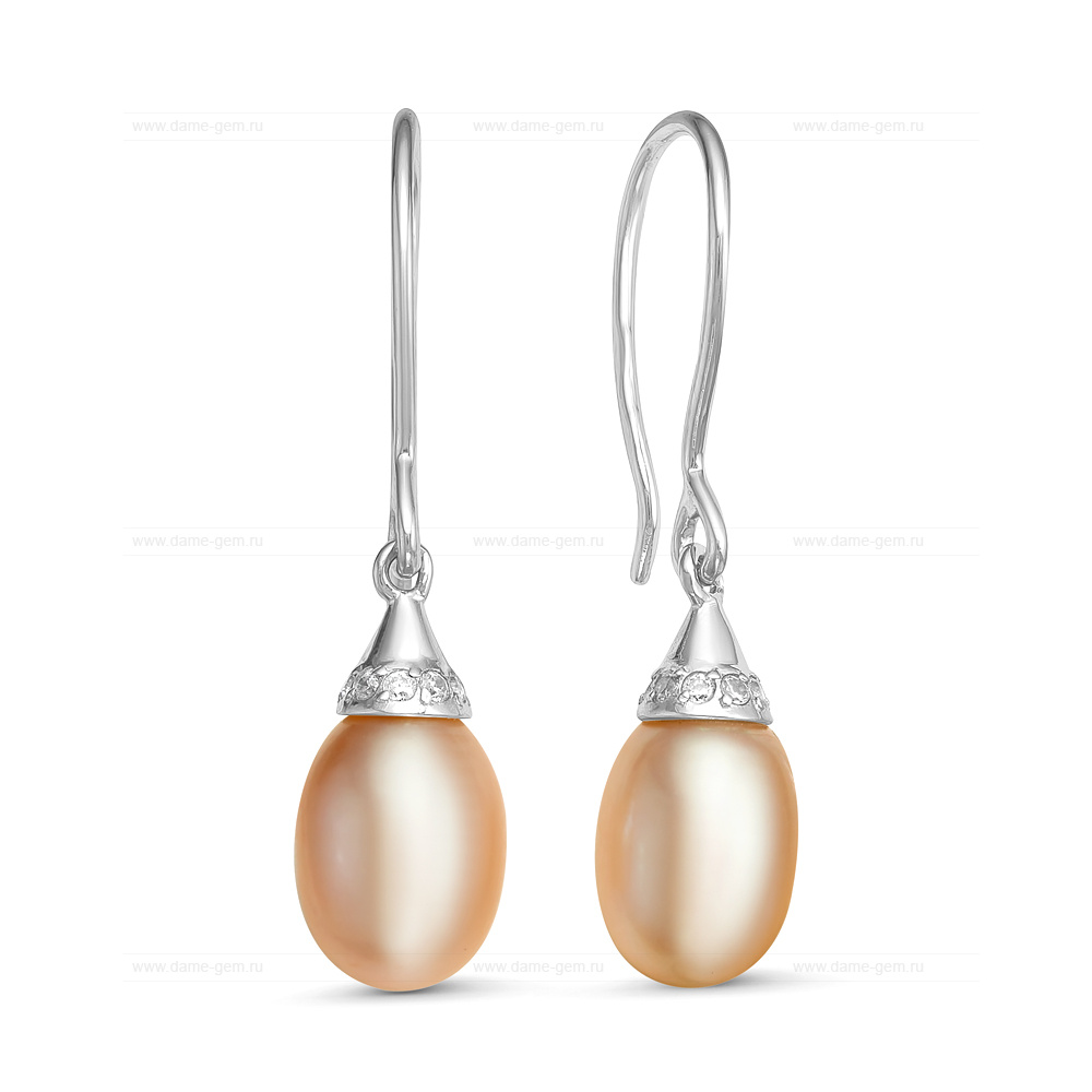 Серьги из серебра с розовыми жемчужинами 7,5-8 мм. Артикул 11891