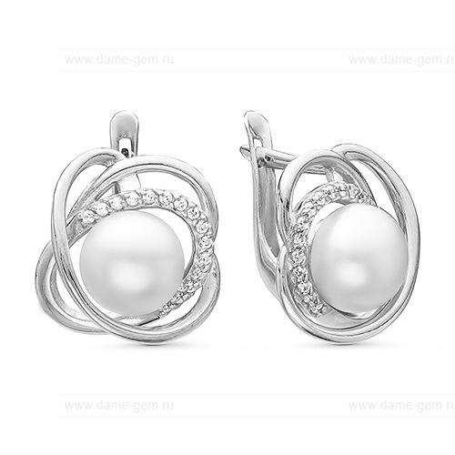 Серьги из серебра с белыми жемчужинами 7,5-8 мм. Артикул 11974